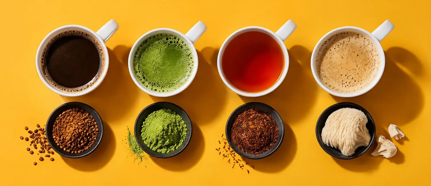 Four cups of coffee alternatives, chicory, matcha, rooibos and mushroom coffee, above bowls of their ingredients on a mustard background