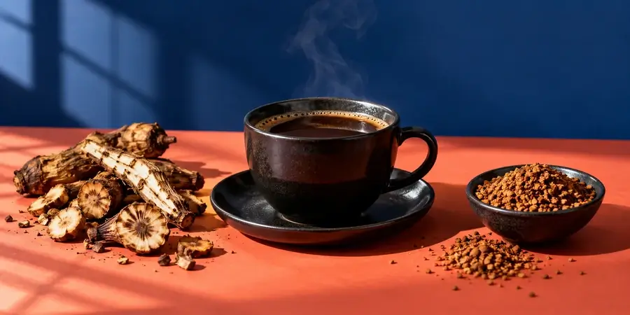 Roasted chicory root pieces, a bowl of chicory granules and a cup of dark chicory drink on a coral table