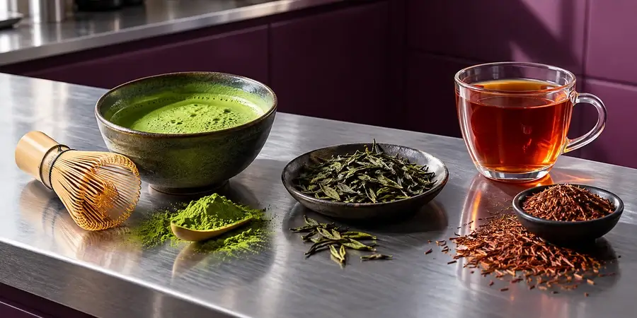 Bowl of whisked matcha with a bamboo whisk, loose green tea and a glass cup of rooibos on a steel worktop