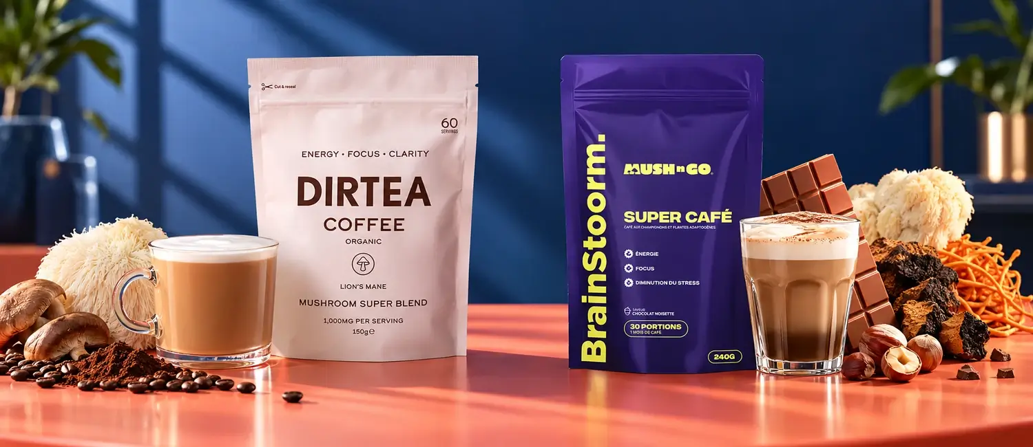 Dirtea Coffee and Brainstoorm pouches side by side with two lattes, lion's mane, chaga, cordyceps, chocolate and hazelnuts on a coral table