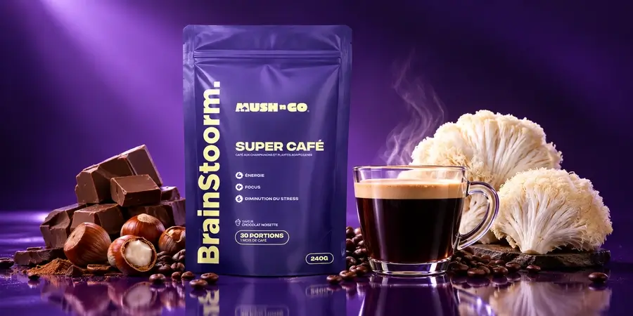 Brainstoorm pouch by Mush N Go next to a glass cup of mushroom coffee, lion's mane, chocolate and hazelnuts on a purple background