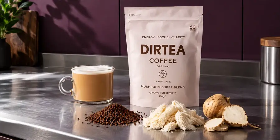 Pouch of Dirtea Coffee with a latte, instant coffee granules, lion's mane pieces and a halved maca root on a steel worktop