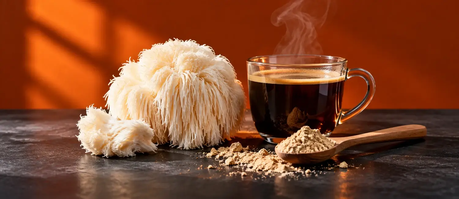 Fresh lion's mane mushroom beside a glass cup of black coffee and a wooden spoon of mushroom powder against a burnt orange wall
