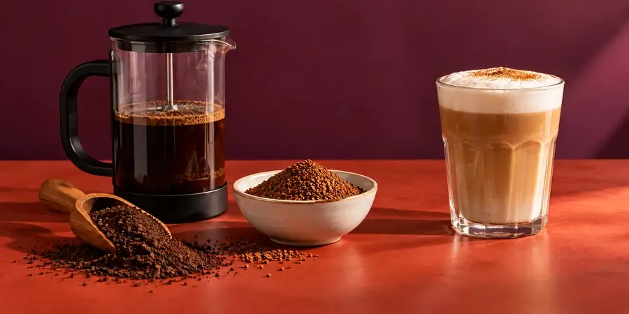 A cafetière of coffee, a scoop of ground coffee, a bowl of instant coffee granules and a glass latte on a red table