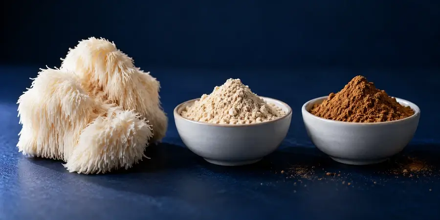 Fresh lion's mane mushroom beside a bowl of pale mushroom powder and a bowl of darker extract on a navy background