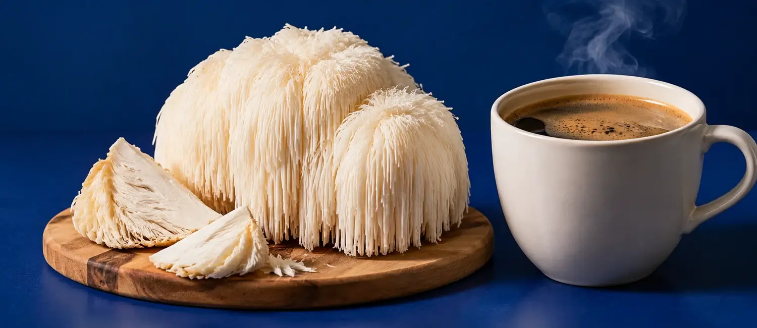 Fresh lion's mane mushroom beside a mug of mushroom coffee on a deep navy background