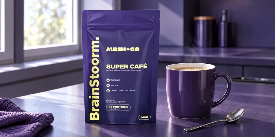 Brainstoorm pouch by Mush N Go next to a purple mug of mushroom coffee on a kitchen worktop