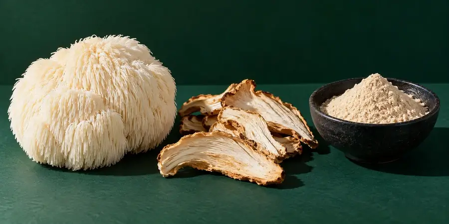 Fresh lion's mane mushroom next to dried slices and a small bowl of lion's mane powder on a forest green background