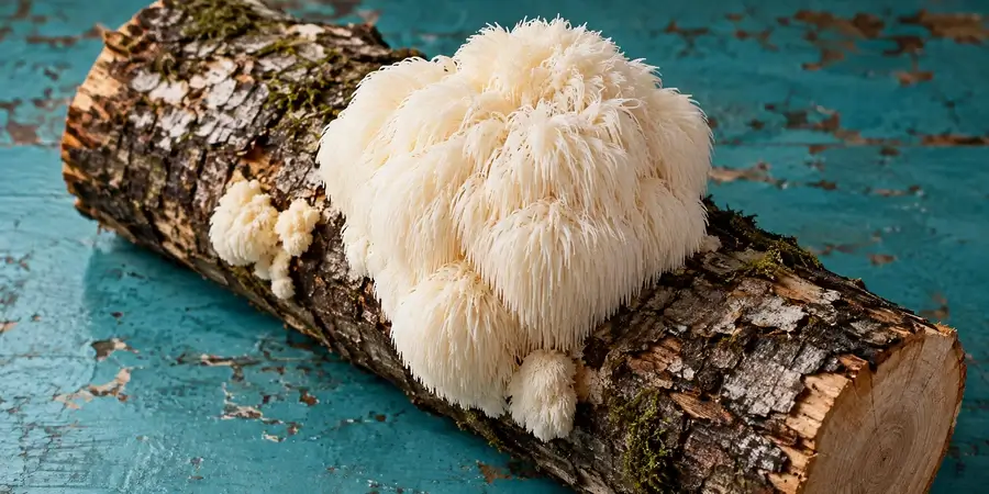 Lion's mane mushroom growing on a cut log on a teal background