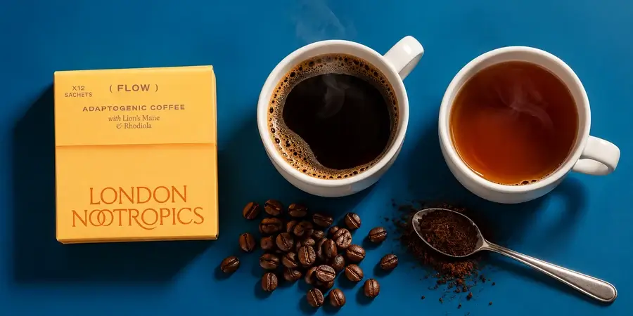 Box of London Nootropics Flow coffee beside a mug of black coffee, a mug of tea and coffee beans on a blue background