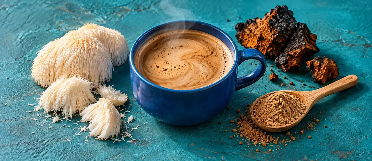 Mug of mushroom coffee next to a lion's mane mushroom, chaga pieces and a spoon of powder on a deep teal background