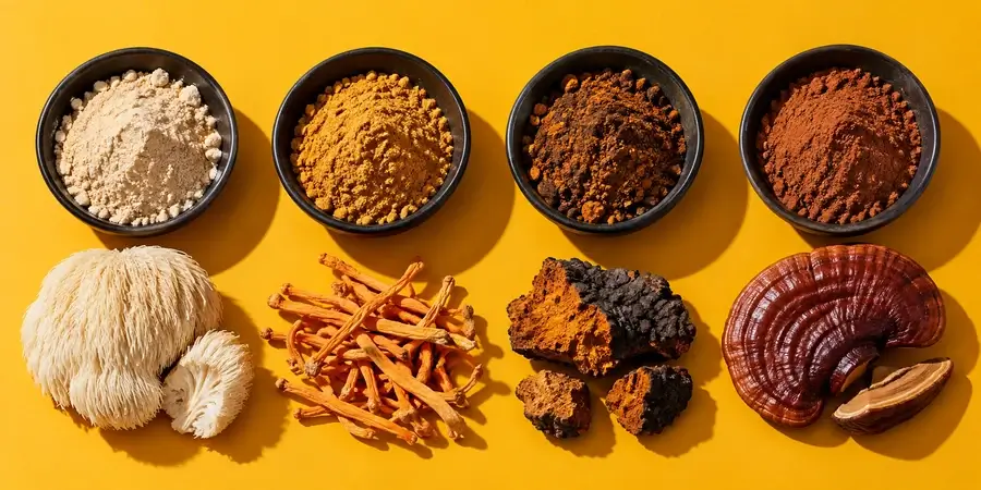 Four bowls of mushroom powder above lion's mane, dried cordyceps, chaga and reishi on a mustard background