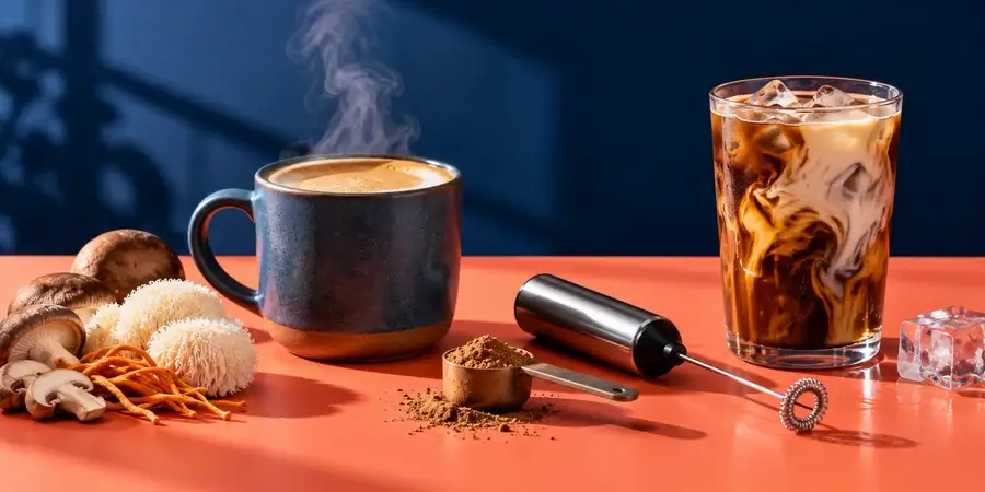 A hot mug and an iced glass of mushroom coffee with a milk frother, a scoop of powder, lion's mane and cordyceps on a coral table