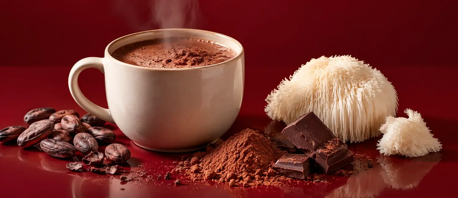 Steaming mug of mushroom hot chocolate with cacao beans, cocoa powder, dark chocolate and a lion's mane mushroom on a burgundy background