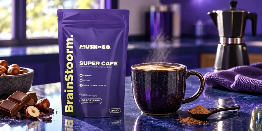 Brainstoorm pouch by Mush N Go beside a large steaming mug, dark chocolate, hazelnuts and a spoon of powder on a kitchen worktop