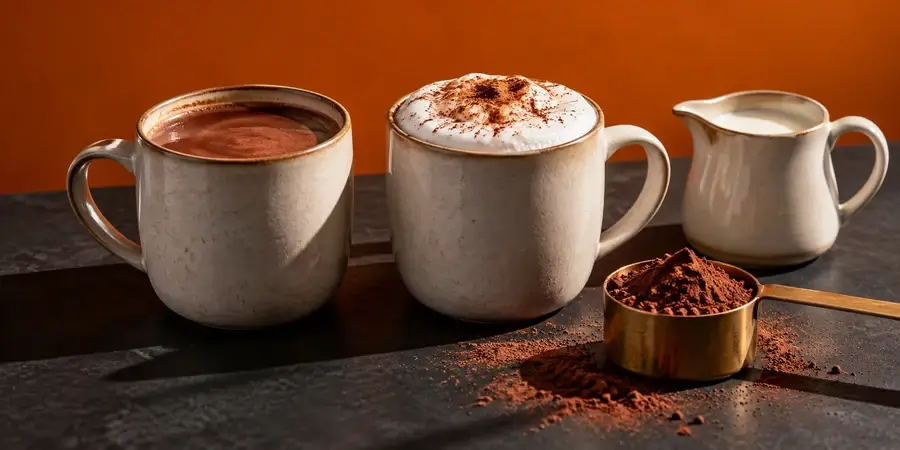 Two mugs of hot chocolate, one plain and one topped with frothed milk, with a milk jug and a scoop of cocoa powder against an orange wall
