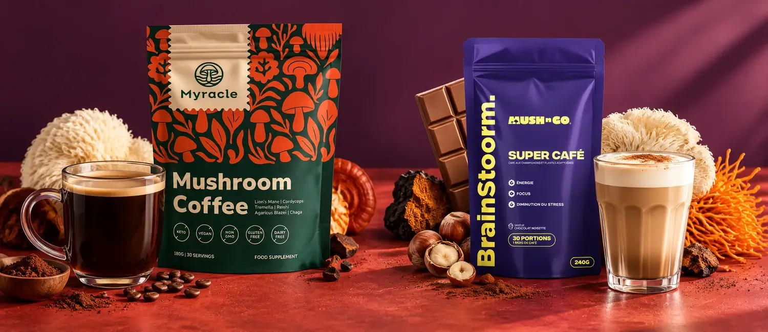 Myracle Mushroom Coffee and Brainstoorm pouches side by side with a black coffee, a latte, mushrooms, chocolate and hazelnuts on a red table
