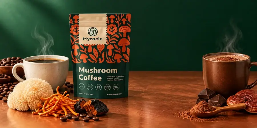 Bag of Myracle Mushroom Coffee between a cup of black coffee and a mug of hot chocolate, with mushrooms, coffee beans and cocoa powder on a wooden table