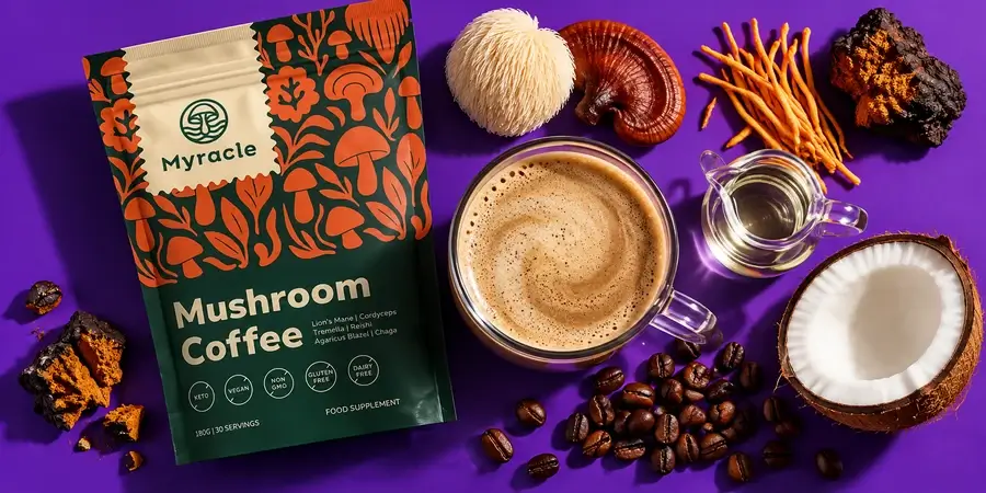 Bag of Myracle Mushroom Coffee with a latte, coffee beans, half a coconut, a jug of oil and lion's mane, reishi, cordyceps and chaga on a violet background