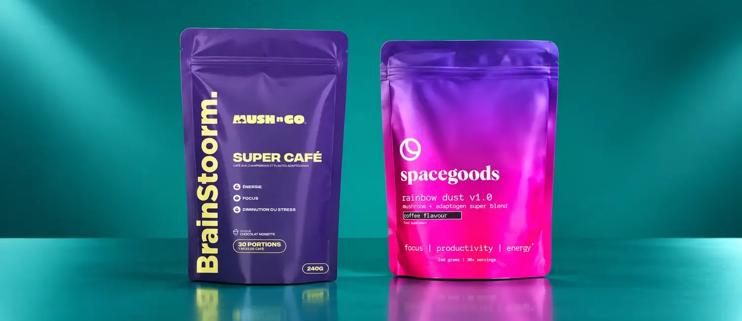 Brainstoorm pouch by Mush N Go facing a bag of Spacegoods Rainbow Dust on a deep teal background