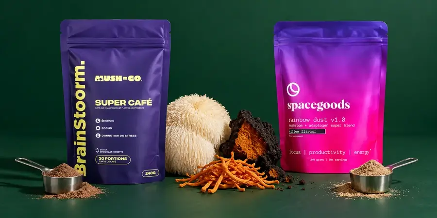 Brainstoorm and Spacegoods Rainbow Dust pouches with a scoop of each powder and lion's mane, chaga and cordyceps