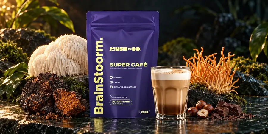 Brainstoorm pouch beside a layered latte in a glass with lion's mane, chaga, cordyceps, chocolate and hazelnuts