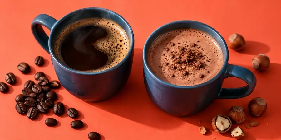 A mug of black coffee next to a mug of chocolate and hazelnut drink on a coral background