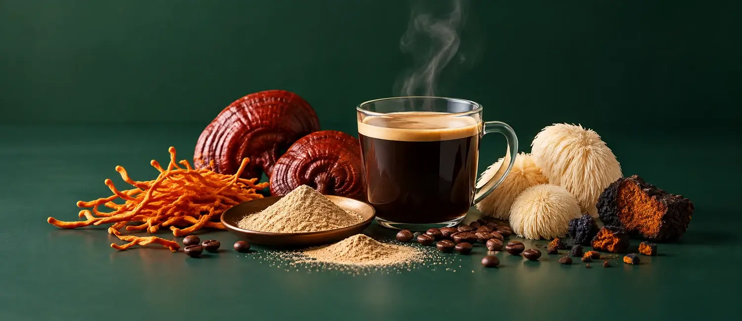 Glass mug of black coffee surrounded by cordyceps, reishi, lion's mane, chaga, coffee beans and a dish of mushroom powder on a dark green background