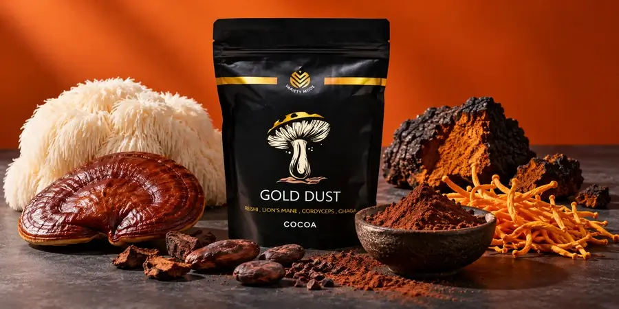 Pouch of Variety Mode Gold Dust Cocoa with lion's mane, reishi, chaga, cordyceps, cacao beans and a bowl of cocoa powder against an orange background