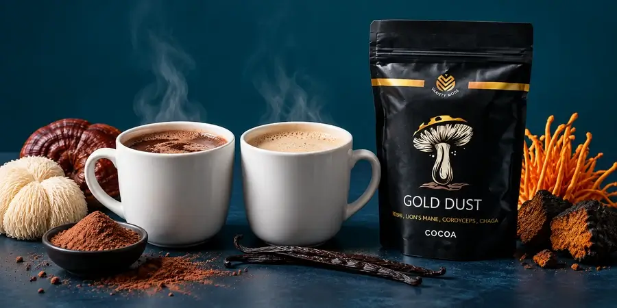 Two mugs, a dark cocoa drink and a pale vanilla drink, beside a pouch of Variety Mode Gold Dust Cocoa, vanilla pods and cocoa powder on a dark teal background