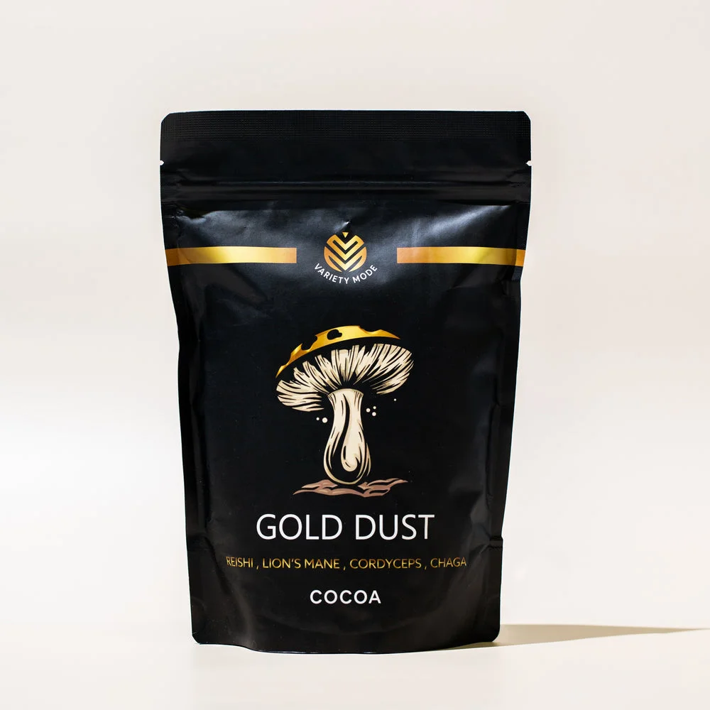 Gold Dust Cocoa by Variety Mode, pouch of mushroom cocoa